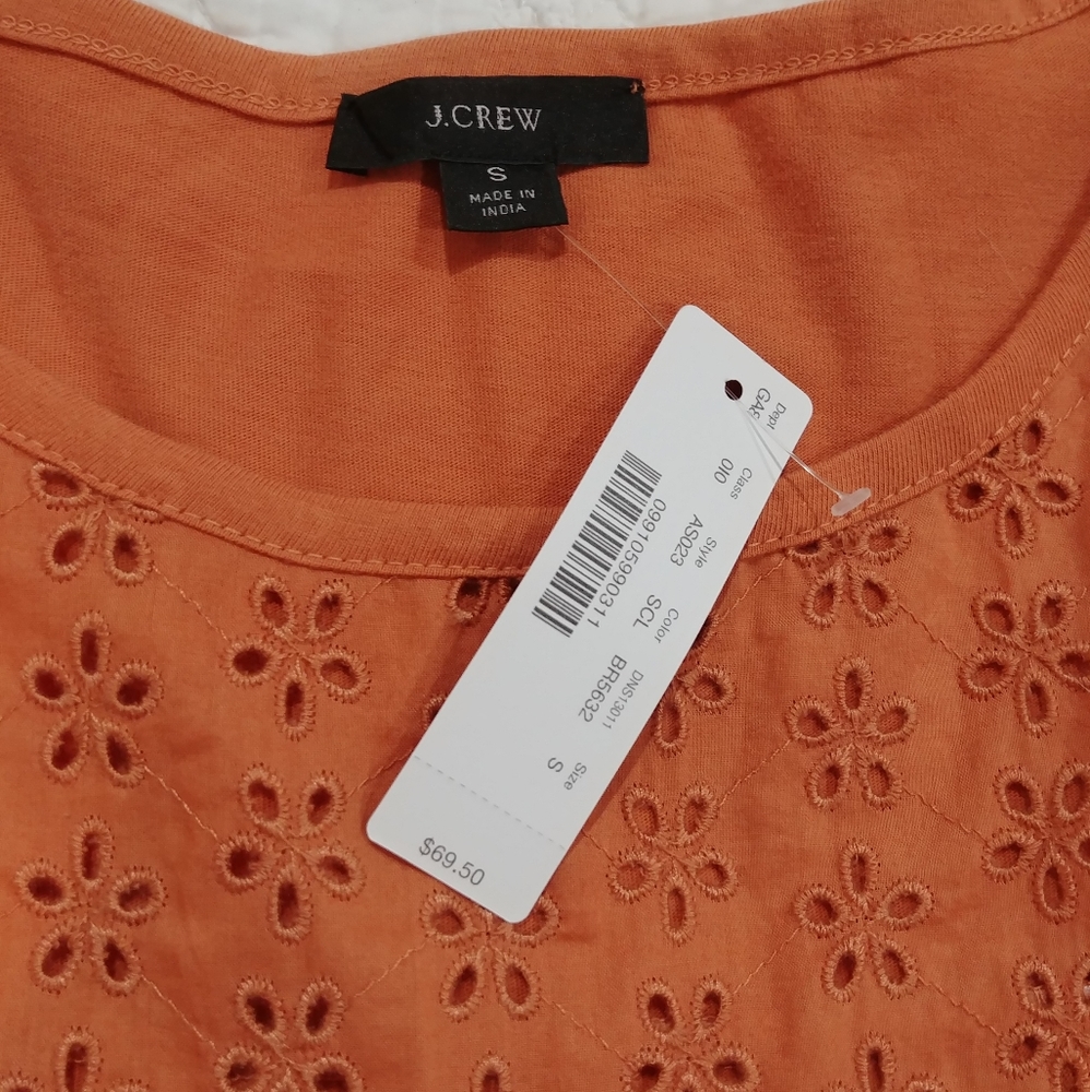 NWT J. Crew eyelet 3/4 sleeves boxy orange eyelet blouse size Small - Picture 4 of 4